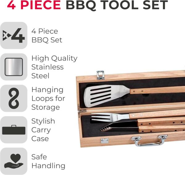 Tower T932005 BBQ 4 Piece Tool Set with Wooden Handles and Carry Case, Stainless Steel - Image 3