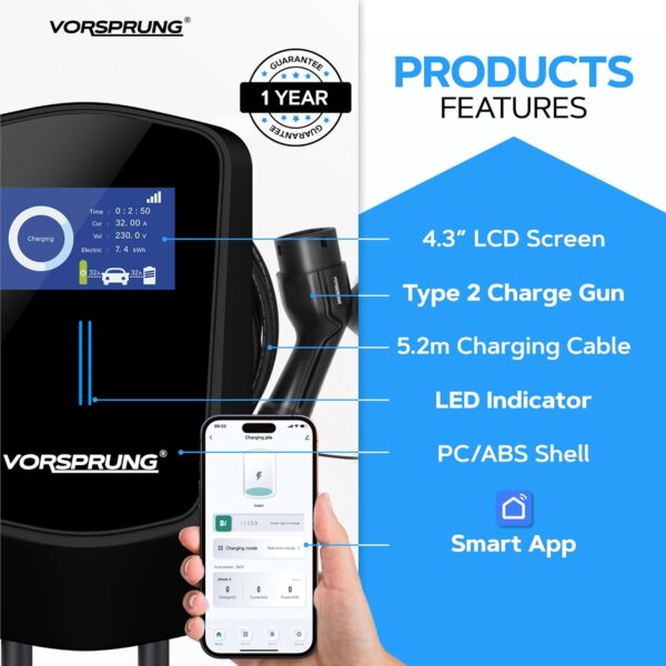 VORSPRUNG® VoltRider Smart APP LCD EV Charger Wall Box Charging Unit Type 2 - Rapid EV WallBox 32AMP 7.4KW IP65 Wi-Fi Electric car station with 5M cable, home - outdoor car point for vehicles (Black) - Image 4