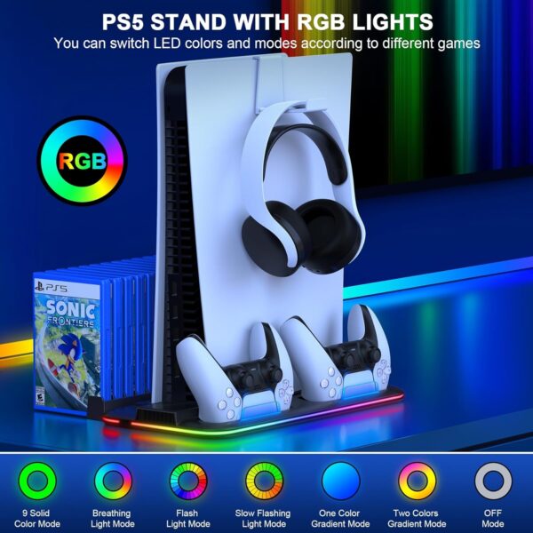 HEYLICOOL PS5 Cooling Stand for PlayStation 5 Slim/Disc/Digital with RGB Light,PS5 Accessories Dual Controller Charger Station with 3 Levels Cooling Fan, Headset Holder,15 Game Slots - Image 4