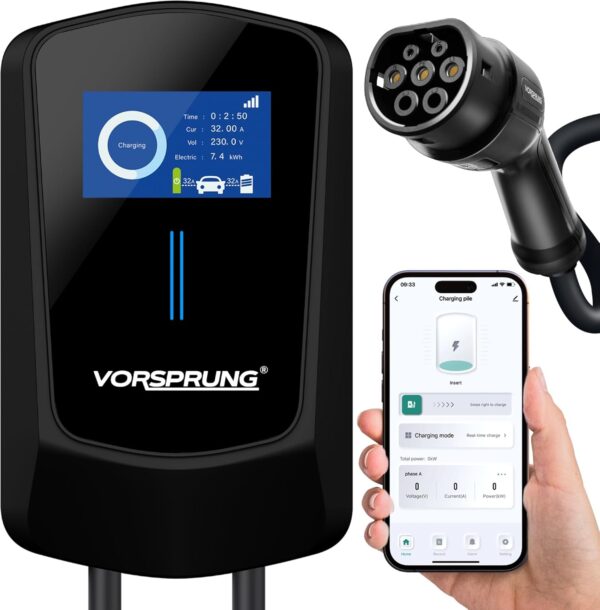 VORSPRUNG® VoltRider Smart APP LCD EV Charger Wall Box Charging Unit Type 2 - Rapid EV WallBox 32AMP 7.4KW IP65 Wi-Fi Electric car station with 5M cable, home - outdoor car point for vehicles (Black) - Image 2