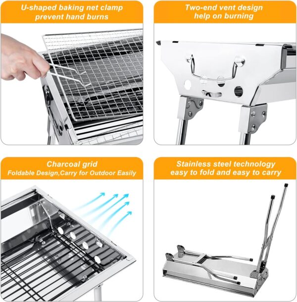 Uten Barbecue Grill, Stainless Steel BBQ, Large Folding Portable BBQ Grill, Charcoal Grill for Outdoor Cooking Camping Hiking Picnics - Image 3