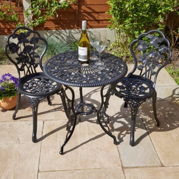 Home Source Rose Garden Patio Outdoor Bistro Set Table and 2 Chairs Metal Garden Furniture, Black - Image 2