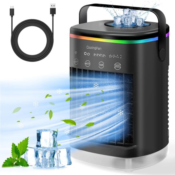 Portable Air Conditioner, Evaporative Air Cooler Fan, Cooling Fan for Hot Summer, Mini AC with 700ML Capacity, 4 Wind Speeds & 7 LED Lights & 2-4-6-8 Hours Timer (USB-C Cable) - Image 2