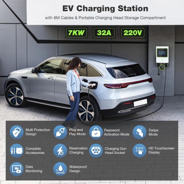 32A EV Charger Charging Station - BELEY 7KW 220V Level 2 4.3" HD LCD Display Electric Vehicle Charger 5 Charging Modes 6 Languages 8m Cable Length IP66 Waterproof IEC 61851 - Image 3