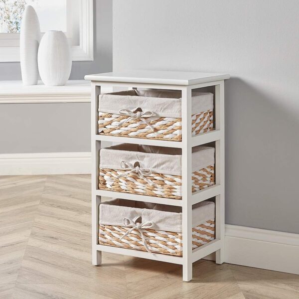 Home Source Storage Chest, Wooden Bedroom Hallway Cabinet, Wicker Organiser, White, 3 Basket, Wood, 3 Drawer - Image 3