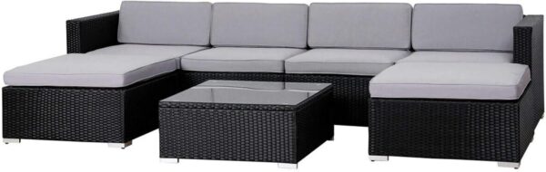 EVRE Nevada Black 6 Seater Outdoor Rattan Garden Furniture Set Wicker Weave Sofa Coffee Table Stool with Cushions For Patios Decks Conservatories Sectional Corner Conversation Piece - Image 2