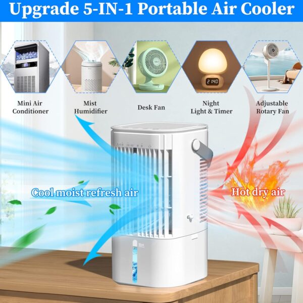 Protable Air Conditioner Mobile 5-In-1 Mini Fan,Evaporative Cooler and Humidifier,3 Fan Speeds, Personal Air Conditioning, Adjustable Rotary Fan, Timer & 7LED lights, for Home Office-White - Image 3