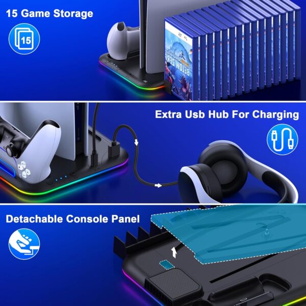 HEYLICOOL PS5 Cooling Stand for PlayStation 5 Slim/Disc/Digital with RGB Light,PS5 Accessories Dual Controller Charger Station with 3 Levels Cooling Fan, Headset Holder,15 Game Slots - Image 8