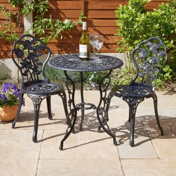 Home Source Rose Garden Patio Outdoor Bistro Set Table and 2 Chairs Metal Garden Furniture, Black - Image 8