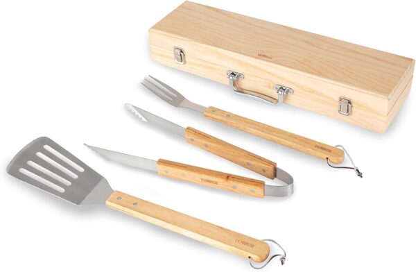 Tower T932005 BBQ 4 Piece Tool Set with Wooden Handles and Carry Case, Stainless Steel - Image 2