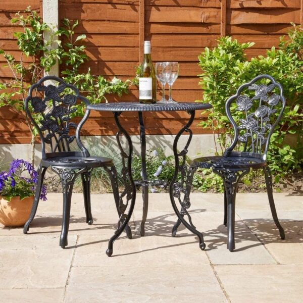 Home Source Rose Garden Patio Outdoor Bistro Set Table and 2 Chairs Metal Garden Furniture, Black - Image 3