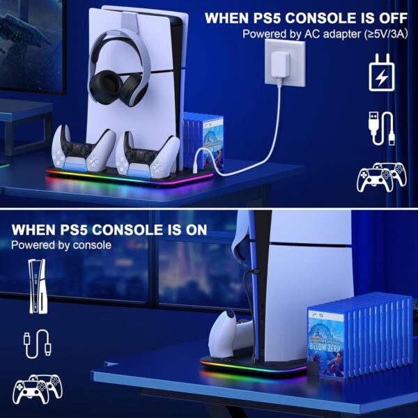 HEYLICOOL PS5 Cooling Stand for PlayStation 5 Slim/Disc/Digital with RGB Light,PS5 Accessories Dual Controller Charger Station with 3 Levels Cooling Fan, Headset Holder,15 Game Slots - Image 7