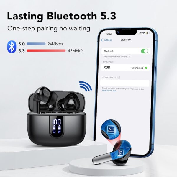 Ear Buds Wireless Earbuds, 50Hrs Playtime Bluetooth Earphones, Bluetooth Headphones 5.3, In Ear with 4 ENC Call Noise Cancelling Mics, Bass Boost 85%, Mini Earbuds IPX7 Waterproof, USB-C(Black) - Image 6