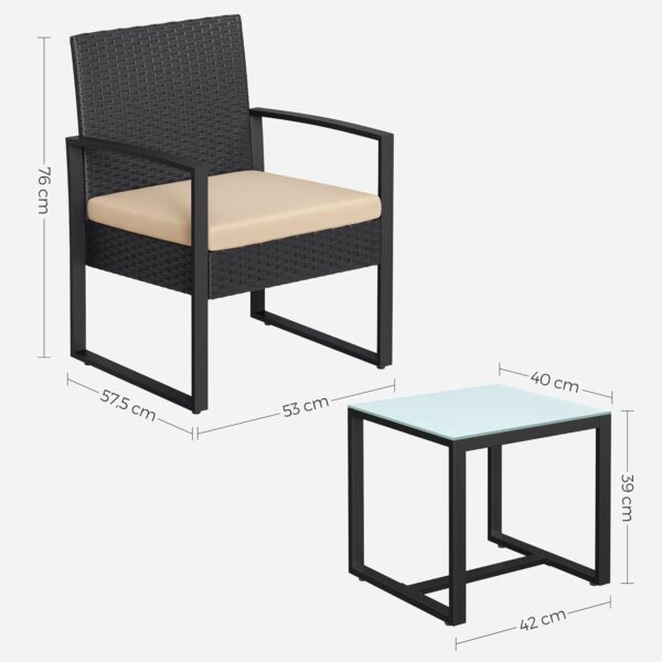 SONGMICS Garden, 3-Piece Patio Furniture Sets, PE Rattan, Outdoor Seating for Bistro Front Porch Balcony, Easy to Assemble, 2 Chairs and 1 Table, Black and Beige GGF010M03, Metal, 59 x 57.5x 76 cm - Image 6