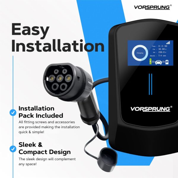 VORSPRUNG® VoltRider Smart APP LCD EV Charger Wall Box Charging Unit Type 2 - Rapid EV WallBox 32AMP 7.4KW IP65 Wi-Fi Electric car station with 5M cable, home - outdoor car point for vehicles (Black) - Image 9