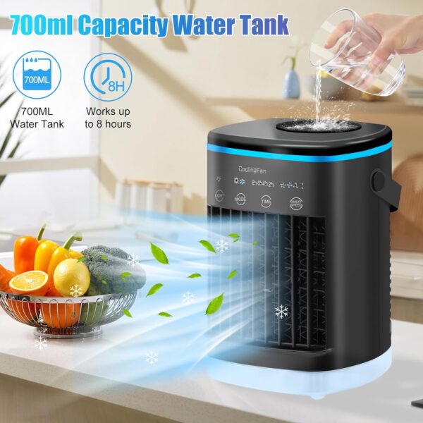 Portable Air Conditioner, Evaporative Air Cooler Fan, Cooling Fan for Hot Summer, Mini AC with 700ML Capacity, 4 Wind Speeds & 7 LED Lights & 2-4-6-8 Hours Timer (USB-C Cable) - Image 3