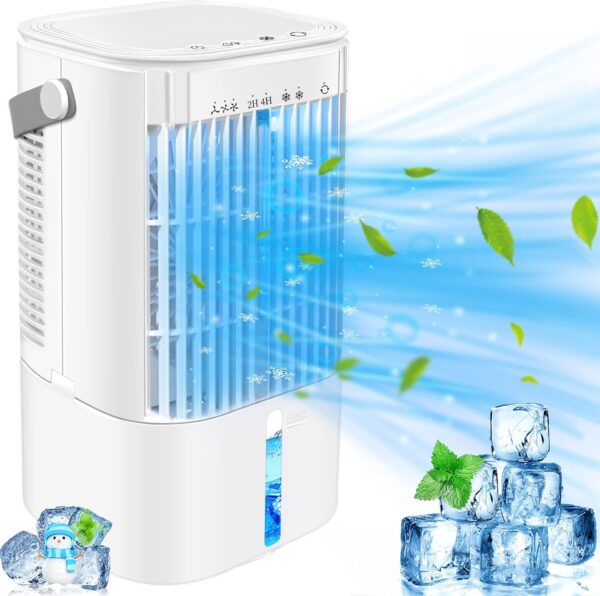 Protable Air Conditioner Mobile 5-In-1 Mini Fan,Evaporative Cooler and Humidifier,3 Fan Speeds, Personal Air Conditioning, Adjustable Rotary Fan, Timer & 7LED lights, for Home Office-White - Image 2