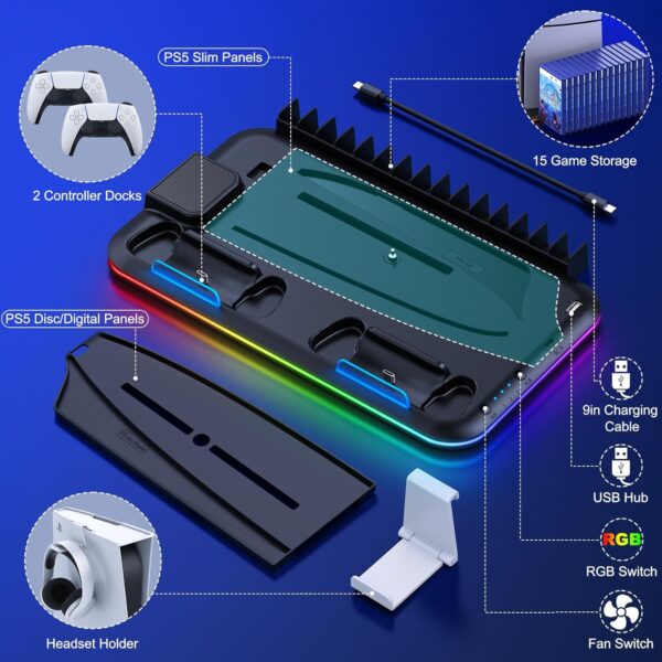 HEYLICOOL PS5 Cooling Stand for PlayStation 5 Slim/Disc/Digital with RGB Light,PS5 Accessories Dual Controller Charger Station with 3 Levels Cooling Fan, Headset Holder,15 Game Slots - Image 9