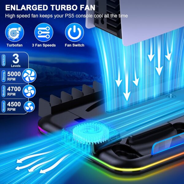 HEYLICOOL PS5 Cooling Stand for PlayStation 5 Slim/Disc/Digital with RGB Light,PS5 Accessories Dual Controller Charger Station with 3 Levels Cooling Fan, Headset Holder,15 Game Slots - Image 3