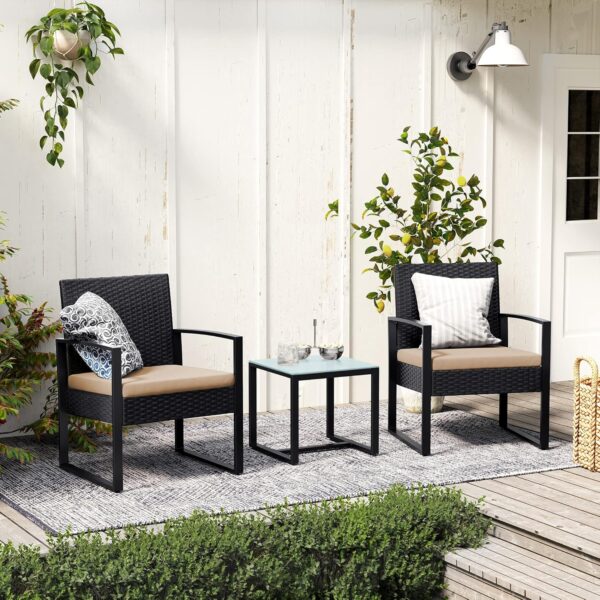 SONGMICS Garden, 3-Piece Patio Furniture Sets, PE Rattan, Outdoor Seating for Bistro Front Porch Balcony, Easy to Assemble, 2 Chairs and 1 Table, Black and Beige GGF010M03, Metal, 59 x 57.5x 76 cm - Image 4