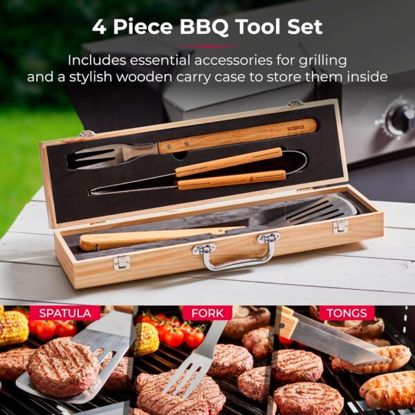 Tower T932005 BBQ 4 Piece Tool Set with Wooden Handles and Carry Case, Stainless Steel - Image 4