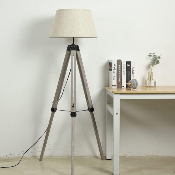 Retro Wooden Adjustable Tripod Floor Lamp, Designer Led Reading Free Standing lamp, 3000k Warm White Classic Led Floor Light for Living Room, Bedside, Study and Office with 8W E27 Bulb, Beige Shade - Image 7