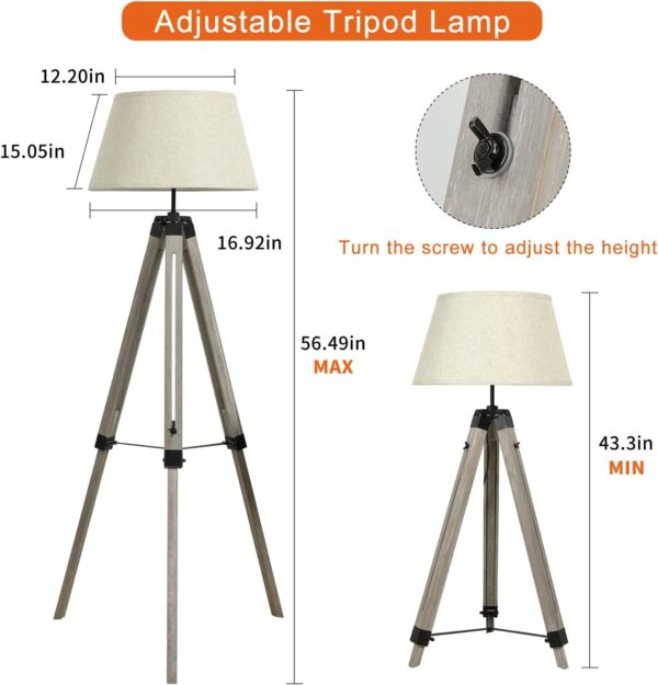 Retro Wooden Adjustable Tripod Floor Lamp, Designer Led Reading Free Standing lamp, 3000k Warm White Classic Led Floor Light for Living Room, Bedside, Study and Office with 8W E27 Bulb, Beige Shade - Image 4