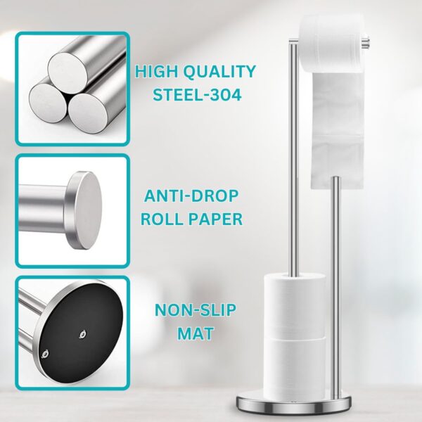 Free Standing Toilet Roll Holder Waterproof Rustless Stainless Steel Bathroom Accessory Toilet Paper Holder with Screws Installation Anti-Slip weighted base kitchen roll holder with Storage - Image 6