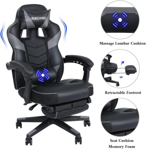 PULUOMIS Video Gaming Chair Massage for Adults with Footrest Computer Desk Chair PU Leather 150° Reclining High Back Support Office chair for Home with Headrest Lumbar (Grey) - Image 8