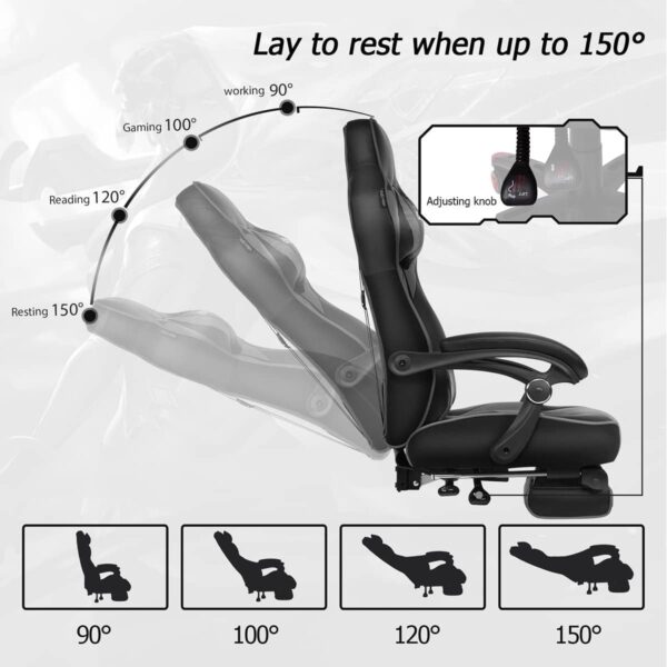 PULUOMIS Video Gaming Chair Massage for Adults with Footrest Computer Desk Chair PU Leather 150° Reclining High Back Support Office chair for Home with Headrest Lumbar (Grey) - Image 4