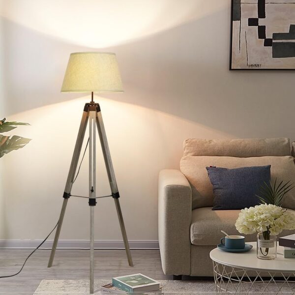 Retro Wooden Adjustable Tripod Floor Lamp, Designer Led Reading Free Standing lamp, 3000k Warm White Classic Led Floor Light for Living Room, Bedside, Study and Office with 8W E27 Bulb, Beige Shade - Image 2