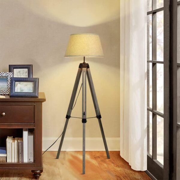 Retro Wooden Adjustable Tripod Floor Lamp, Designer Led Reading Free Standing lamp, 3000k Warm White Classic Led Floor Light for Living Room, Bedside, Study and Office with 8W E27 Bulb, Beige Shade - Image 8