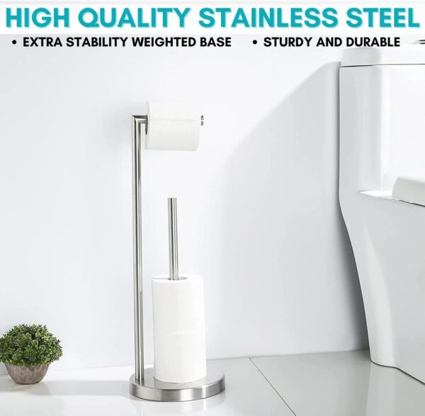 Free Standing Toilet Roll Holder Waterproof Rustless Stainless Steel Bathroom Accessory Toilet Paper Holder with Screws Installation Anti-Slip weighted base kitchen roll holder with Storage - Image 4