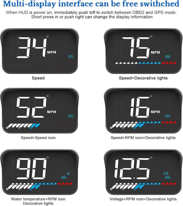 AMHVMU Head Up Display OBD2 & GPS, digital speedometer car mph, 3.5"/8.9cm Car HUD Display, Speedometer, Car Tachometer, Safety Alarm - Image 5