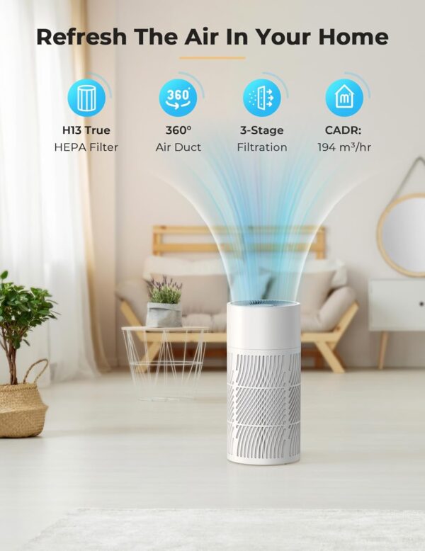 Nuwave Oxypure Air Purifier 3XL H13 HEPA Filter for Home Bedroom Allergies, 17dB, 360° Air Intake, Removal to 0.1 Microns Smoke Dust Mold Pollen Bacteria Pet Hair Odor, Air Quality Sensor, Energy Star - Image 3