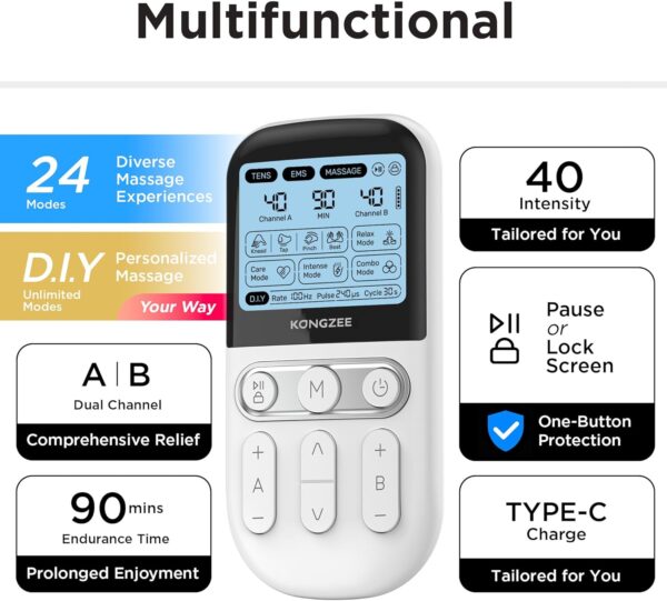 4 in 1 - D.I.Y & Tens Unit & EMS & Massage Muscle Stimulator, Dual Channel Therapy Machine for Pain Relief, FDA Cleared Rechargeable Electronic Pulse Massager,with 12pcs Electrode Pads (White) - Image 5