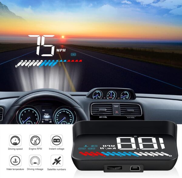 AMHVMU Head Up Display OBD2 & GPS, digital speedometer car mph, 3.5"/8.9cm Car HUD Display, Speedometer, Car Tachometer, Safety Alarm - Image 3