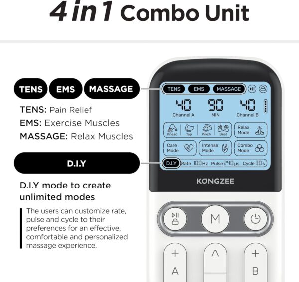 4 in 1 - D.I.Y & Tens Unit & EMS & Massage Muscle Stimulator, Dual Channel Therapy Machine for Pain Relief, FDA Cleared Rechargeable Electronic Pulse Massager,with 12pcs Electrode Pads (White) - Image 4