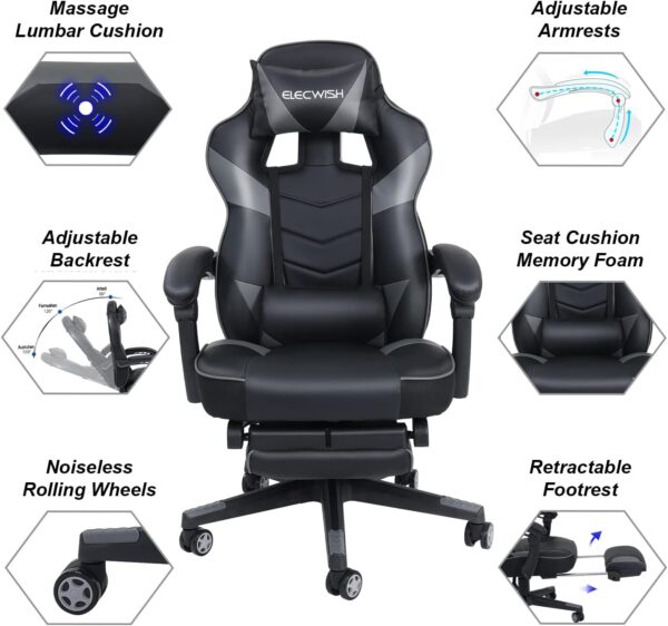 PULUOMIS Video Gaming Chair Massage for Adults with Footrest Computer Desk Chair PU Leather 150° Reclining High Back Support Office chair for Home with Headrest Lumbar (Grey) - Image 3