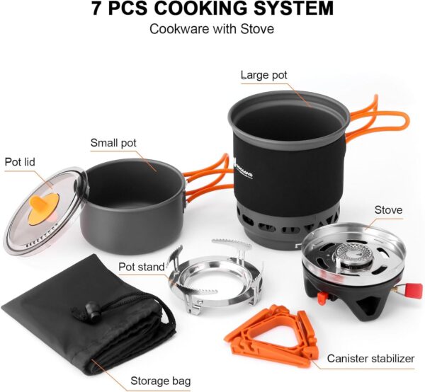 Odoland Backpacking and Camping Stove Cooking System, 7-In-1 Energy Saving Cooking Stove Set, Lightweight Camp Pot with Burner for Hiking, Trekking, Fishing and Backpacking - Image 3