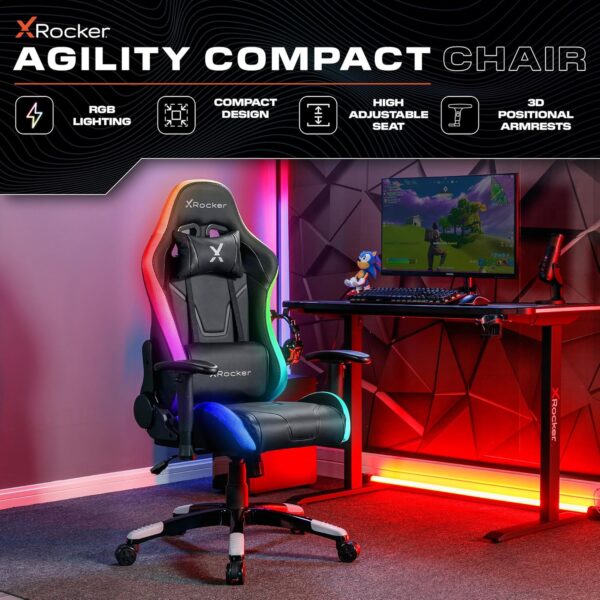 X-Rocker Agility RGB Gaming Chair, Racing Computer Chair with Lights for Kids and Juniors, Swivel Office Chair Ergonomic PC Chair with High Back, Headrest and Lumbar Support Cushion, Height Adjustable - Image 4