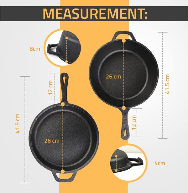 KICHLY 3.0L/3.2 Quart Pre Seasoned Cast Iron Pan - Combo Cooker Dutch Oven with Lid - Dual Function Cast Iron Skillet - 10.25 Inch (26 cm) - Cast Iron Pot with lid - Cast Iron Casserole Dish with Lid - Image 4