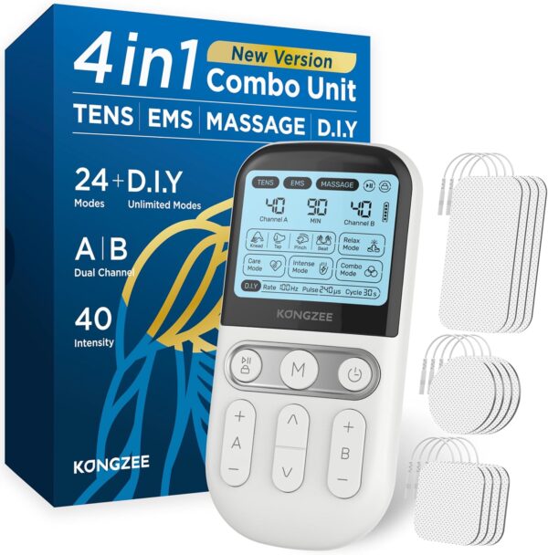 4 in 1 - D.I.Y & Tens Unit & EMS & Massage Muscle Stimulator, Dual Channel Therapy Machine for Pain Relief, FDA Cleared Rechargeable Electronic Pulse Massager,with 12pcs Electrode Pads (White) - Image 2