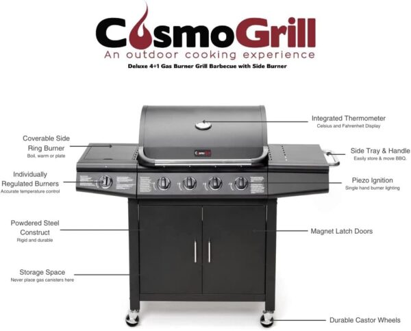 CosmoGrill Pro Deluxe 5 Gas Burner 4+1 Barbecue Grill, Stainless-Steel Warming Rack, Side-Burner, Built-in Temperature Gauge for Home Garden Party Outdoor Cooking (93411) - Image 5