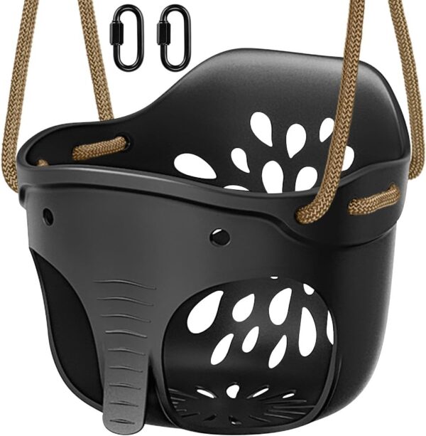 SELEWARE Heavy-Duty High Back Full Bucket Toddler Swing Seat with Locking Carabiners and Adjustable Rope, Cute Elephant Shape Design, 600LB Weight Limit (Bucket Swing, Black) - Image 2