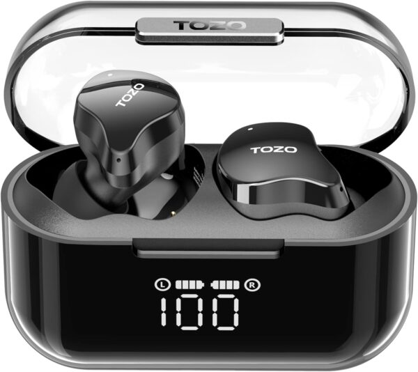 TOZO T18 Bluetooth 5.3 True Wireless Stereo Earbuds IPX8 Waterproof in Ear Headset Call Noise Reduction Headphones with Digital Display and Transparent Case Long Standby Earphones Black - Image 2