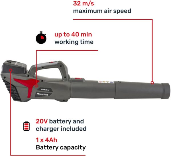 Mountfield 20 Li Cordless Axial Blower, 20V (2Ah) battery, 280W, 32m/s max air speed, Variable speed, Battery and charger included - Image 3