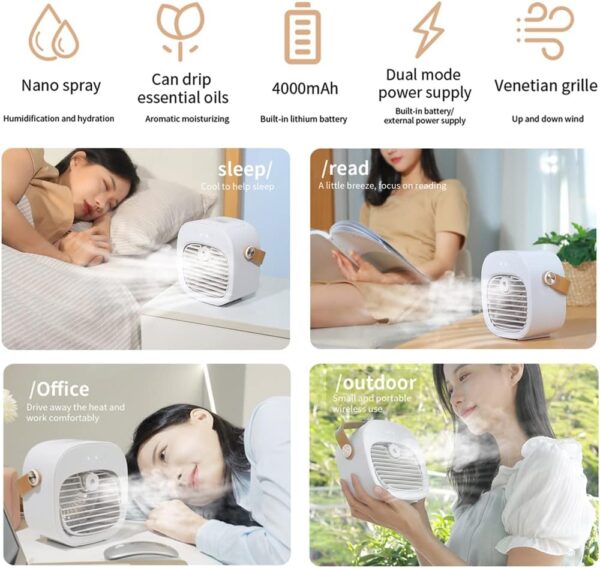 Portable Air Conditioner-4000 mAh Rechargeable Evaporative Air Cooler, USB Mini Humidifier Misting Fan with 3 Speed Quiet for Home, Office, Travel, and Outdoor Activities (White) - Image 3