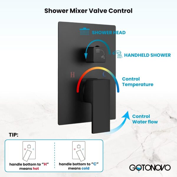 gotonovo Rainfall Shower System 10 Inch Wall Mounted Matte Black with High Pressure Square Shower Head and Pressure Balance Handheld Head（Female Thread） Bathroom Luxury Rain Mixer Shower Combo Set - Image 6