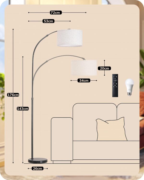 EDISHINE Floor Lamp, Arc Standing Lamp with Rotatable Lamp Head, Remote Control & Foot Switch, Floor Lamps for Living Room, Bedroom, Office, Dimmable LED Bulb Included, E27 Socket, Black - Image 7